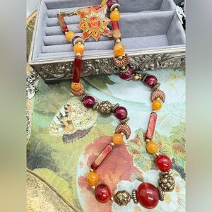 Vintage Orange Boho Necklace Sun Pin